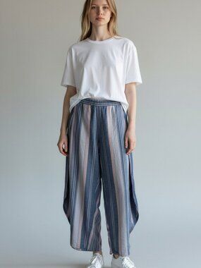 Drew Anthropologie Linen Blend Striped Tulip Pants Size Large Blue Beach